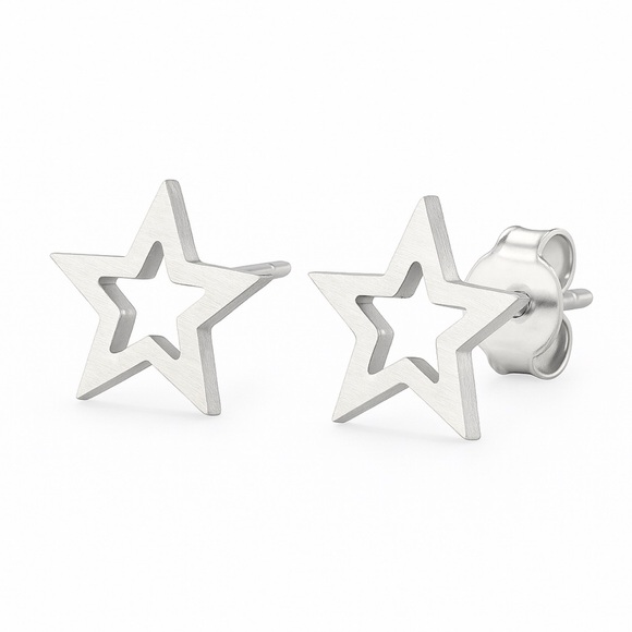 Silver Star Cutout Stud Earrings | 20G Stainless Steel Hypoallergenic - Picture 1 of 5